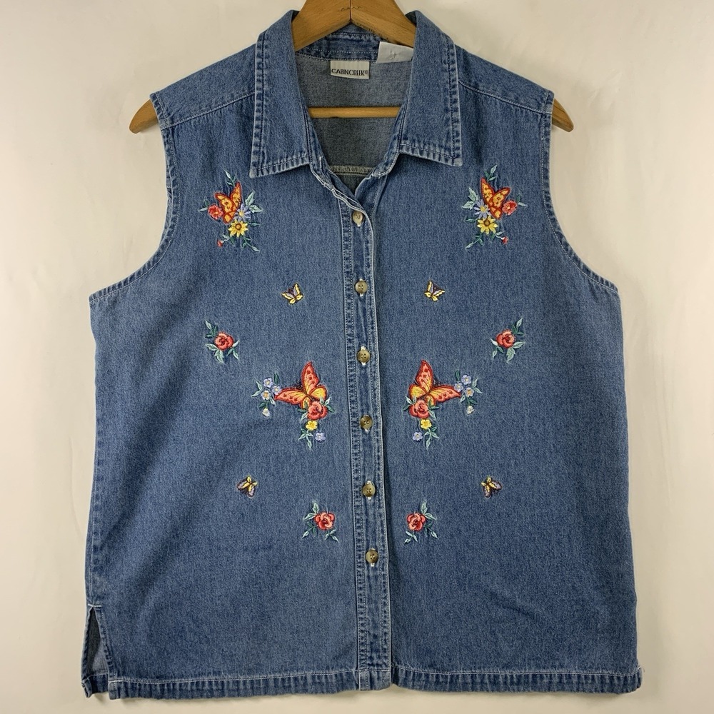VTG Womens Embroidered Butterflies Chambray Boxy Button Top Sz L Whimsy Cottage